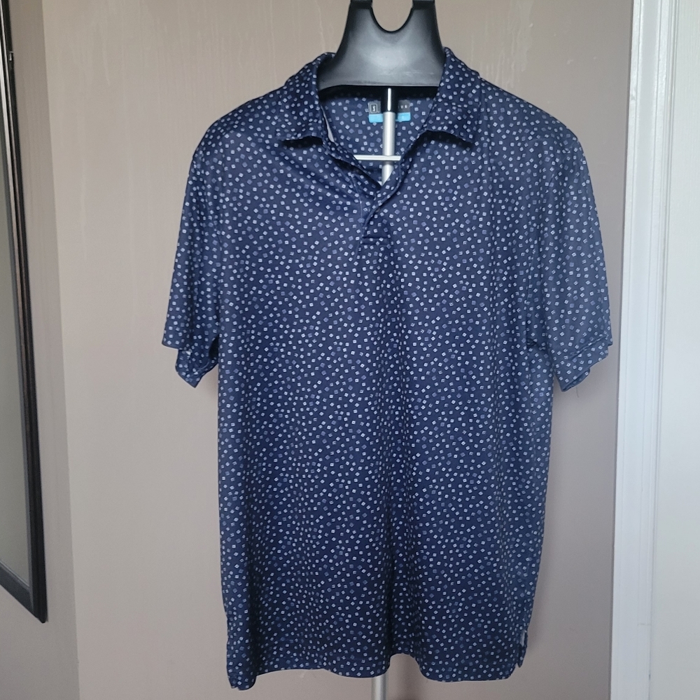 Mens PGA blue golf shirt with squared pattern design, Size Large